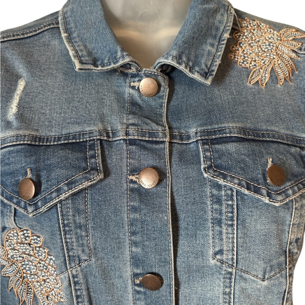 Max Jeans Blue Jean Jacket with Neutral Embroidery   LARGE        #X - Picture 2 of 8